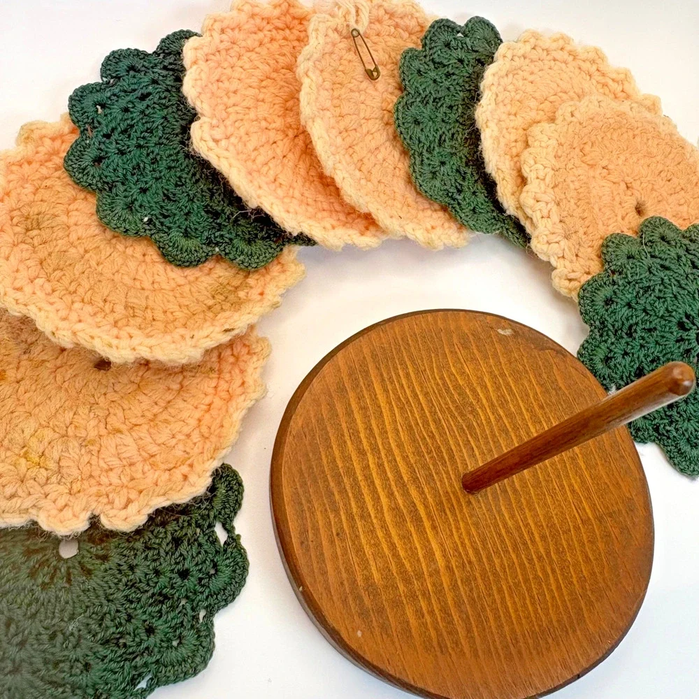 Vtg Crocheted Drink Coasters Wooden Holder 10 Granny Core Pink/Green Boho Decor
